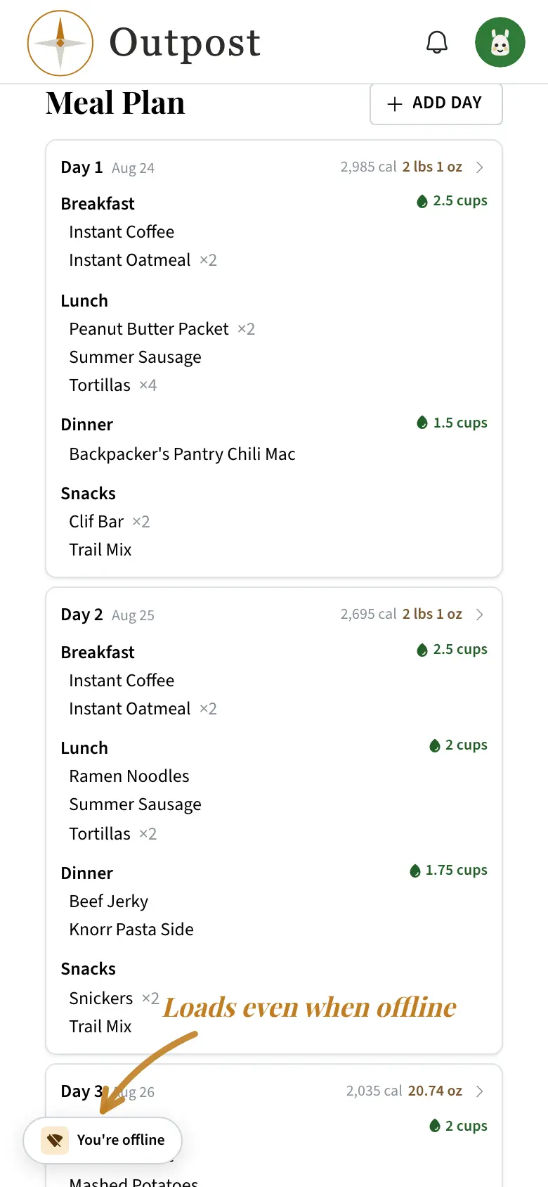 A small You're offline indicator floating in the corner of the screen while scrolled down to Outpost's real day-by-day meal plan -- Day 1 and Day 2, breakfast through snacks, still fully readable with no signal.