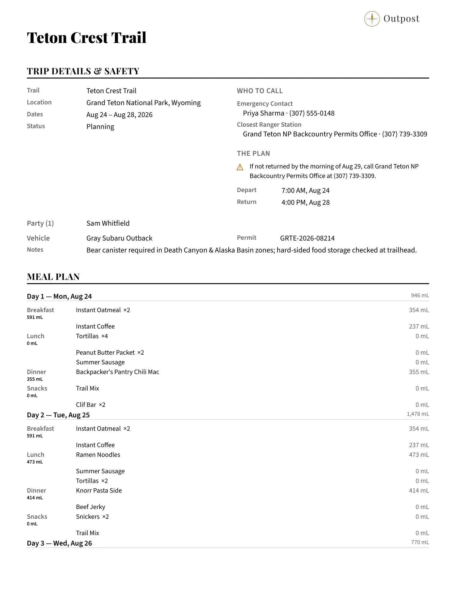The one-page trip plan Outpost prints, showing the trip name and dates, a "Who to call" block with an emergency contact and the Grand Teton backcountry permits office and their phone numbers, the expected departure and return times, the vehicle and permit number, and the sentence "If not returned by the morning of Aug 29, call Grand Teton NP Backcountry Permits Office at (307) 739-3309."